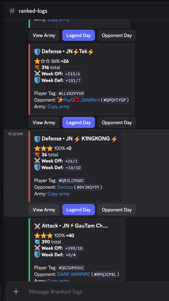 Clash of Clans Ranked Attack and Defense Discord logs